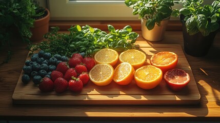 Freshly cut fruits and berries arranged on a wooden board with green herbs in a sunlit kitchen