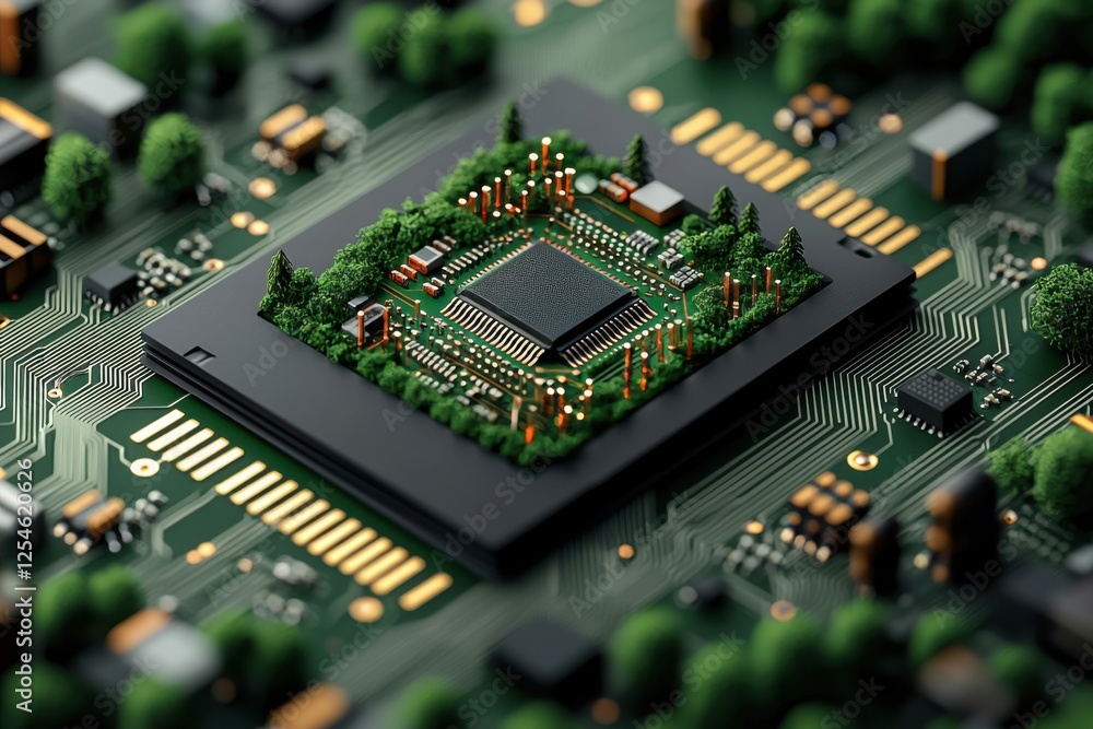 Poster sustainable microchip in a digital cityscape eco friendly technology for a greener future a close up