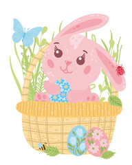 Vector cute Easter pink bunny and eggs in basket for poster, websites, card, scrapbooking, stickers isolated on white background