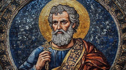 Fototapeta premium A breathtaking Byzantine-style mosaic of Saint Peter, standing with authority, holding the keys to heaven in his hands, intricate tesserae forming a radiant golden halo,