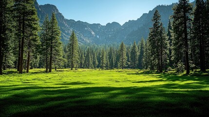 Lush green meadow surrounded by towering pine trees and majestic mountains under clear blue sky