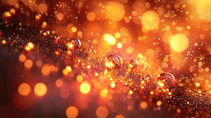 Close-up of shimmering droplets on a textured surface illuminated by warm, glowing lights