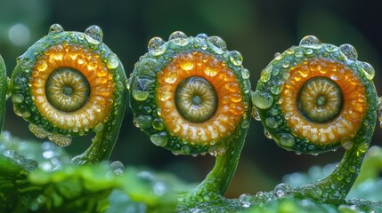 Close-up of vibrant fern fronds with droplets, showcasing nature's beauty and detail