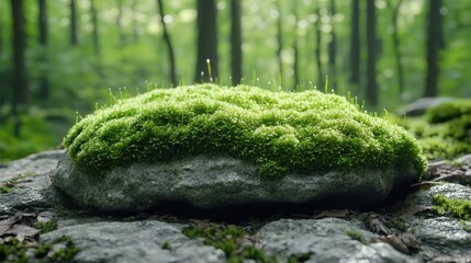 Lush green moss covering a stone in a serene forest, sunlight filtering through trees