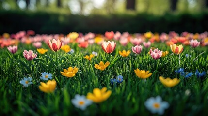 Vibrant spring garden filled with colorful tulips and wildflowers under warm sunlight