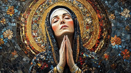 Obraz premium A breathtaking Byzantine-style mosaic of Saint Teresa of Ávila, kneeling in deep prayer, her face serene and illuminated by divine light, intricate tesserae forming a radiant golden halo,