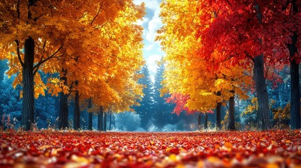 Vibrant autumn landscape with colorful trees lining a serene path covered in fallen leaves