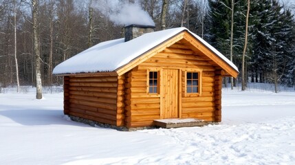 Rustic wooden house in snowy forest, light brown wooden exterior, snow covered roof, simple design, winter scene, peaceful atmosphere, outdoor