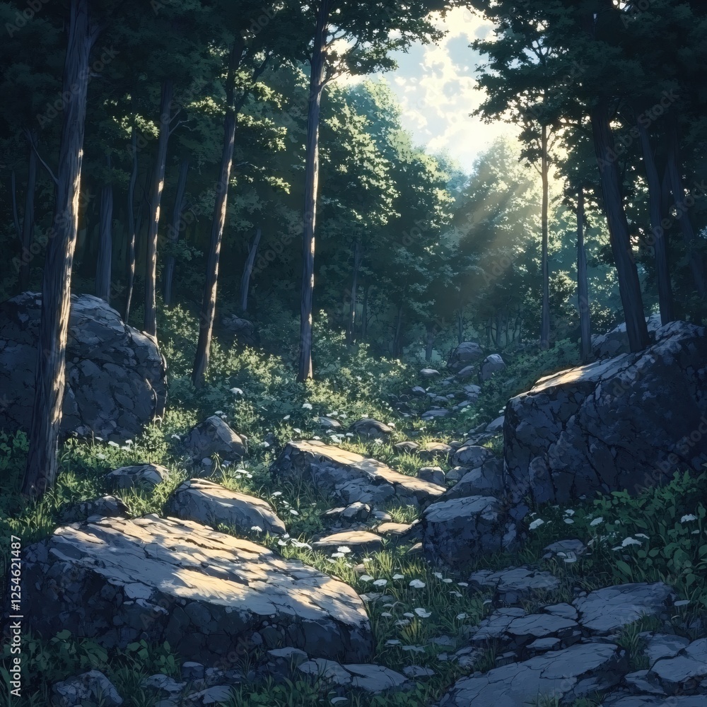 Poster sunlight filters through tall trees illuminating a rocky path in a serene forest scene