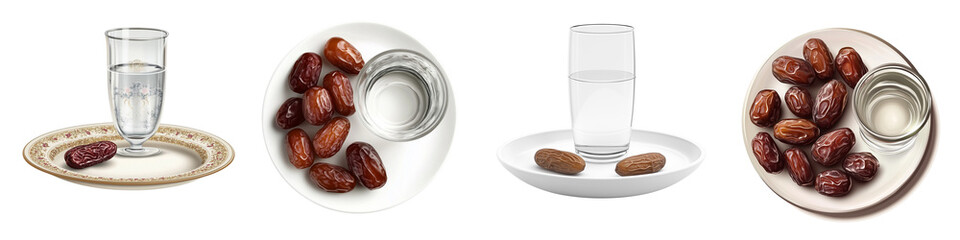 Set of a plate of fresh dates and a glass of water, traditional iftar, isolated on a transparent background.