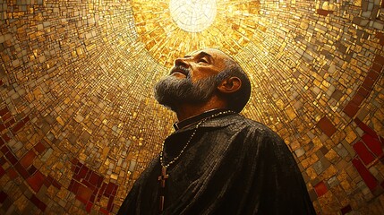 A divine mosaic depiction of Saint Padre Pio standing in prayer, his stigmata glowing softly, delicate tesserae forming lifelike expressions, intricate gold and red tilework in the background,