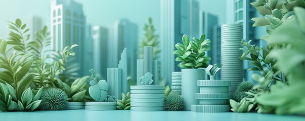 A futuristic cityscape with green plants and stacks of coins, symbolizing growth, sustainability, and financial prosperity.