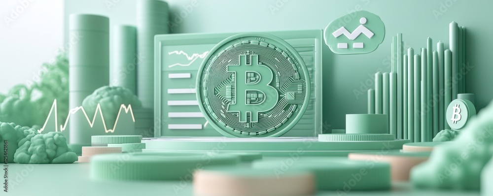 Poster a digital representation of bitcoin, featuring graphs and charts, emphasizing cryptocurrency trends 