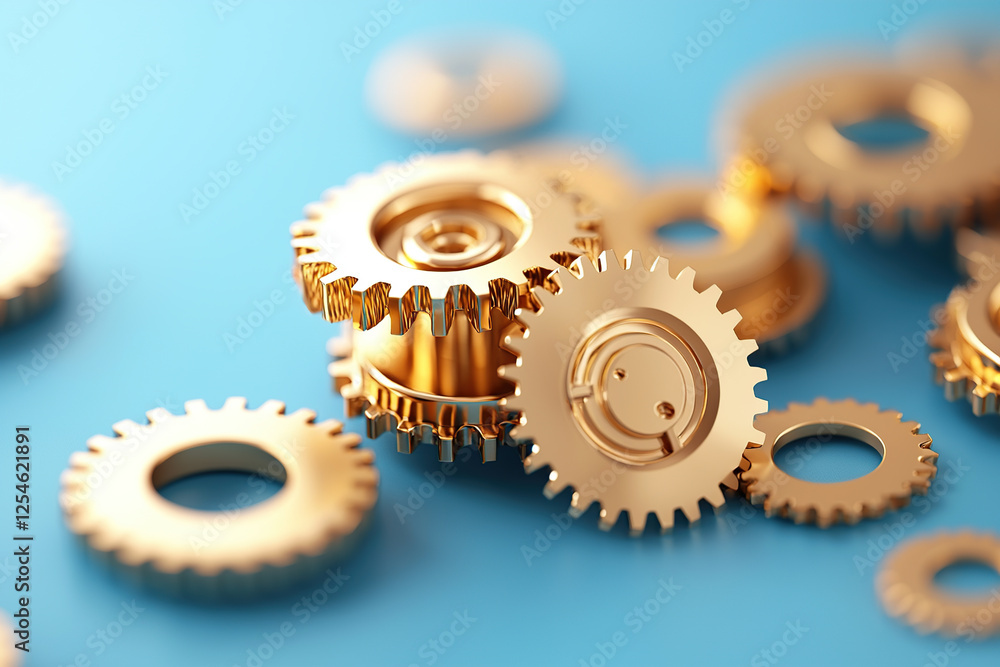 Poster golden gears intricately arranged on blue surface, symbolizing precision and innovation in mechanica