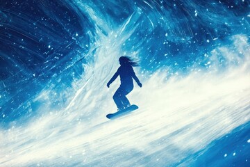 Obraz premium Silhouette of a snowboarder gliding through a blizzard, a breathtaking winter scene.