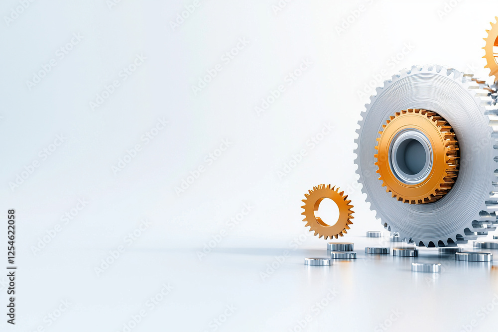 Poster collection of metallic gears in various sizes is displayed against minimalist background, symbolizin
