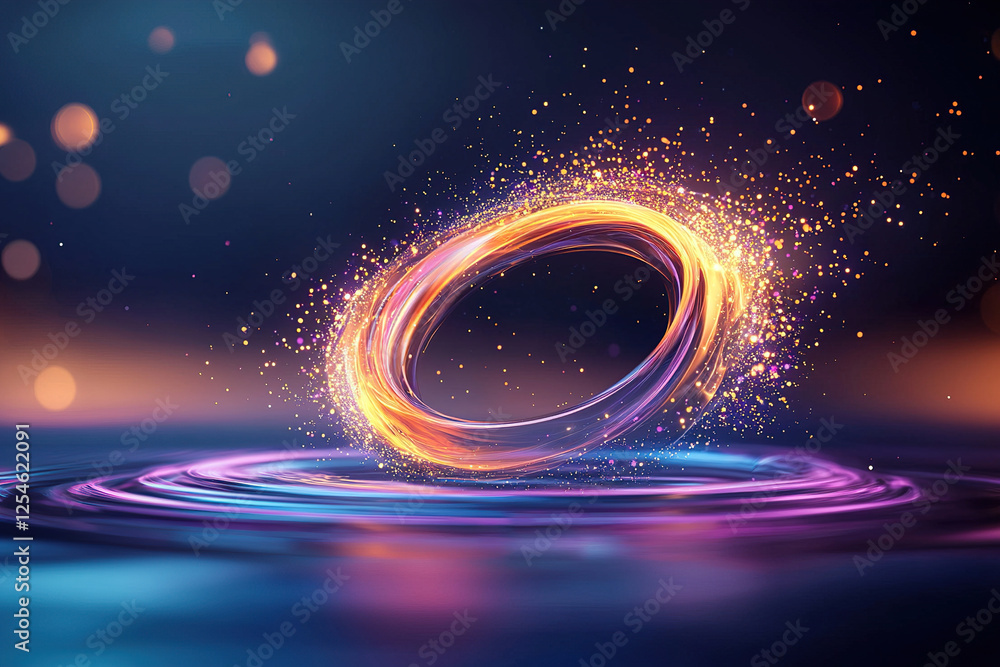 Poster glowing, swirling ring of light hovers above rippling surface, creating mesmerizing and dynamic visu