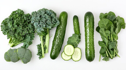 Fresh green vegetables including kale, cucumbers, spinach, and broccoli arranged in vibrant flat lay. This colorful display showcases healthy eating and nutrition