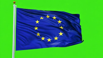 European Union flag flutters against green chroma key screen. Twelve golden stars form circle on chromakey background. Unity and cooperation in Europe concept. Euro friendship symbol. Isolated mock up - Powered by Adobe