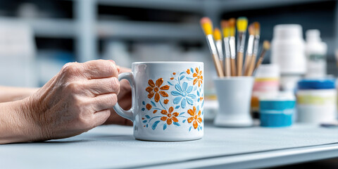Craftsman Handmade Craft Concept, A hand holds a beautifully painted mug, surrounded by art supplies in a creative workspace.