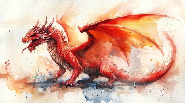 A watercolor painting of a red dragon with large outstretched wings. Welsh culture, St. David's Day greeting card