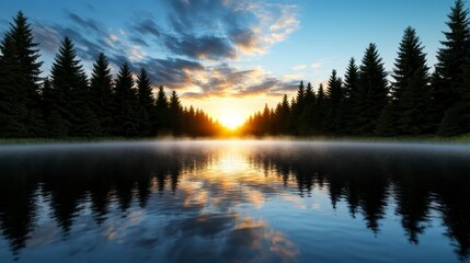 Serene sunset over a calm lake, surrounded by dark evergreens, reflecting the golden light. Peaceful and tranquil atmosphere
