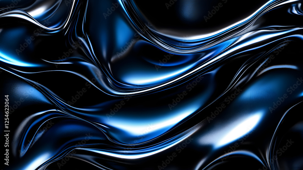 Poster black and blue background with a wavy pattern creating a dramatic fusion of glowing shapes and textu