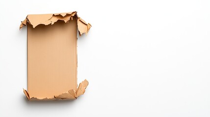 Torn cardboard box on a clean white background, suggesting shipping damage or recycling