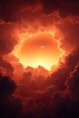 Dramatic orange clouds swirl, revealing bright light, possibly for celestial themes