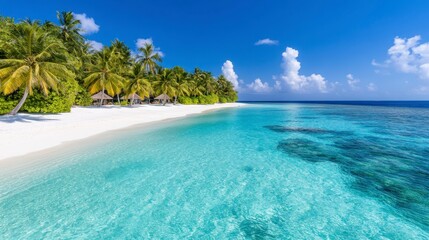 Fototapeta premium Tranquil beach scene, vibrant blue water meeting white sand, lush palm trees line the shore, bright blue sky with scattered clouds, idyllic vacation