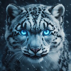 Naklejka premium Majestic white tiger with striking blue eyes in a snowy environment during twilight hours. Generative AI