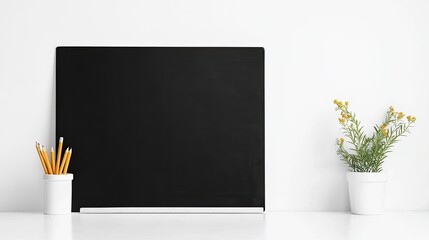 Minimalist workspace featuring a blackboard, pencils in a cup, and potted plants on a white desk