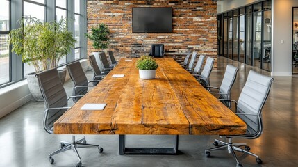 Modern conference room with wooden table, large windows, and a stylish brick wall background