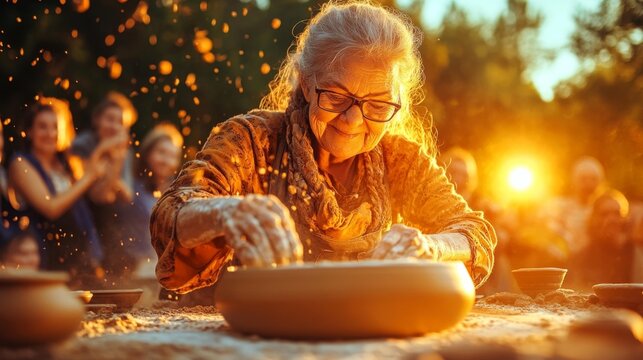 Senior woman working with clay on pottery wheel during sunset. Generative AI