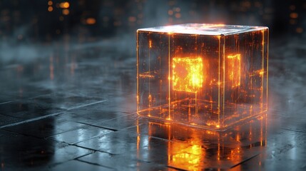Glowing cube in a misty environment with reflections on wet pavement, creating a surreal atmosphere