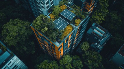 Aerial view of building with solar panels and green roof surrounded by trees in city