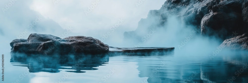 Aufkleber serene hot spring surrounded by rocky edges with steam rising under a calm sky at twilight. generati