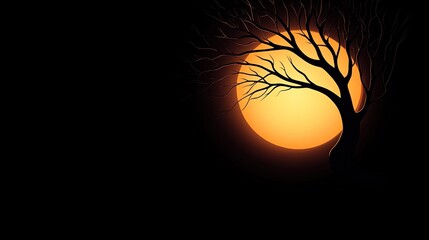 Silhouetted tree against a large glowing sun in a dark sky, creating a serene atmosphere