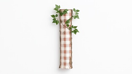 Rustic wooden pillar with checkered fabric and green ivy leaves against a white background
