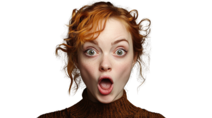 Portrait of surprised woman with red hair and transparent background