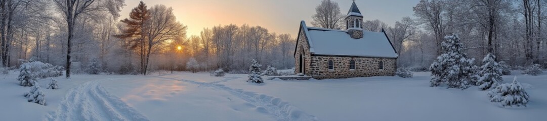 Obraz premium Snowy Winter Landscape with a Stone Church and Trees at Sunset. Generative AI