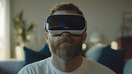 Bearded man using VR headset at home.