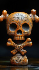 Intricately carved wooden skull with crossbones on a dark background, showcasing craftsmanship