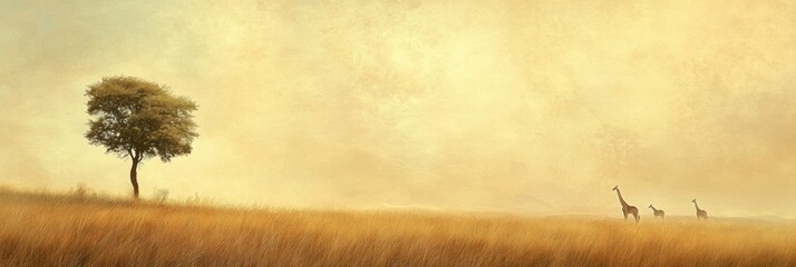 Beautiful landscape in African savanna featuring acacia tree with distant giraffes grazing during golden hour. Generative AI