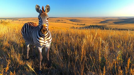 Obraz premium A solitary zebra stands majestically in a golden grassland at sunset, with rolling hills in the background