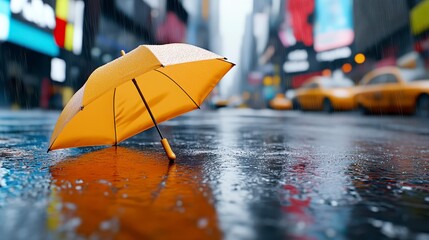 Rainy city street scene, yellow umbrella in puddle, urban background with reflections, wet asphalt, vibrant colors, urban environment, city lights