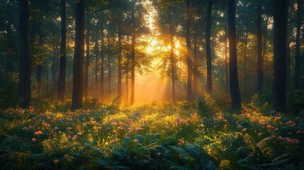Fototapeta premium Sunlit Forest Path with Blooming Flowers