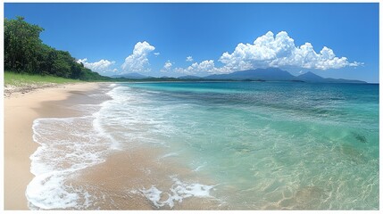 Serene beach panorama with clear turquoise waters, gentle waves, and lush green surroundings