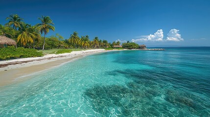 Serene tropical beach with clear turquoise waters, palm trees, and distant clouds under blue sky