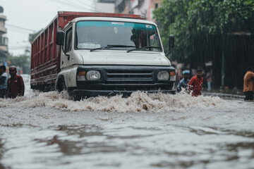 People are pushing a truck on a waterlogged street after heavy rain
